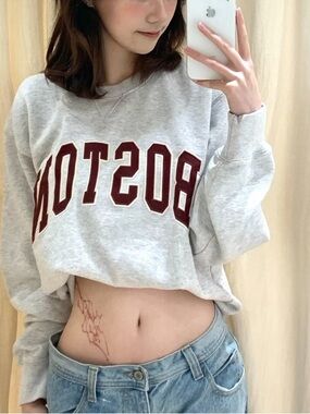 Brandy Melville Gray Cropped 'BOSTON' Sweatshirt